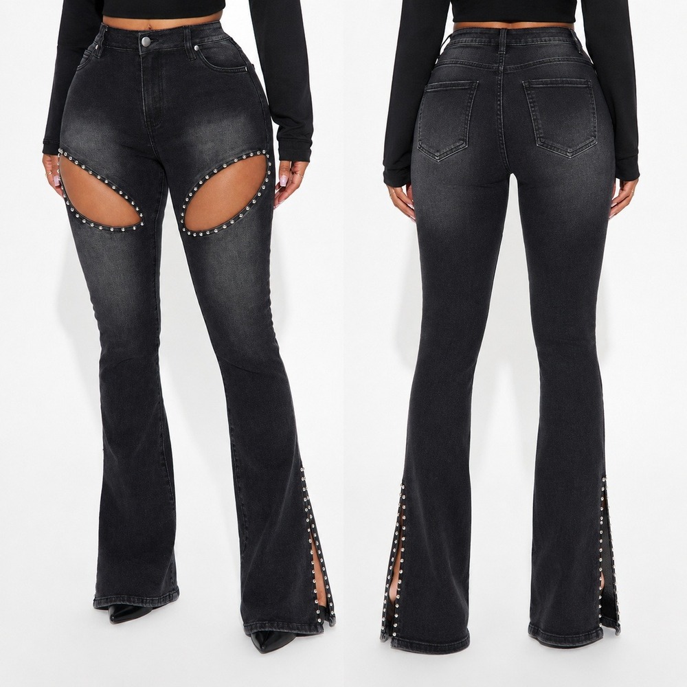 NWT Fashion Nova Self Assured Studded Cut Out Bootcut Jeans Black Edgy Size 3